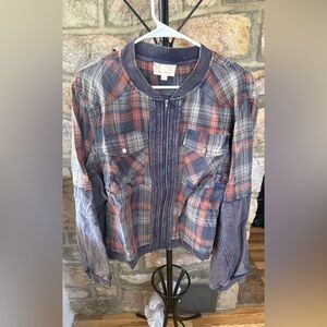 (NWOT) Oli & Hali Plaid Zip Bomber Jacket Large Mixed Fabric Flannel Denim Look